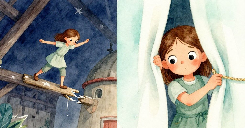 奧莉芙一邊小心踩在裂痕木板上,一邊專注準備繩索,臉上流露堅毅,背景散佈麵粉與老舊木紋。