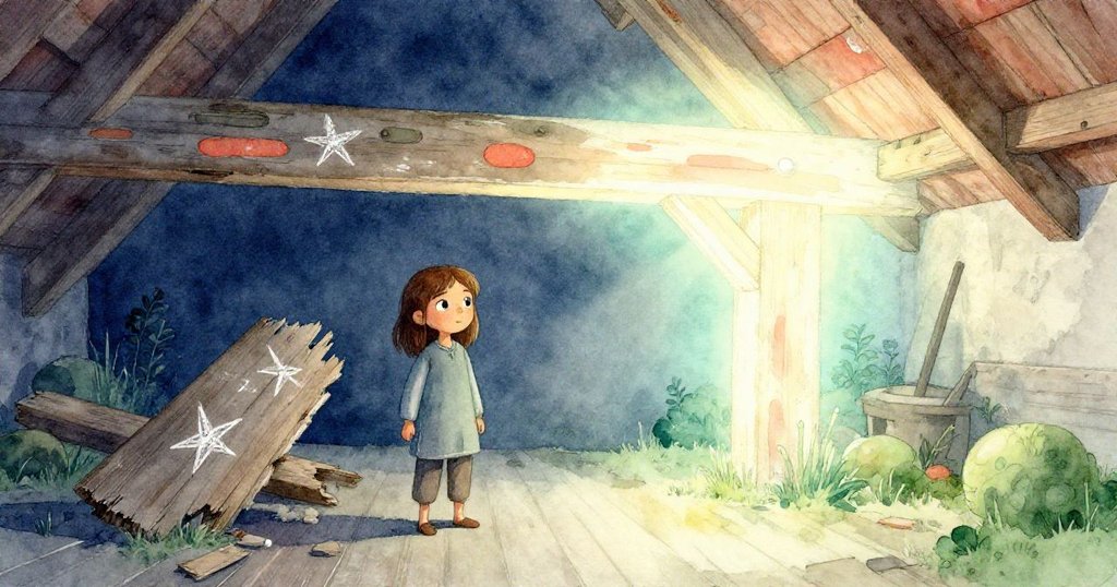 奧莉芙站在舊木板與理想堅固橫樑間,左側現實破舊右側夢幻溫暖,神情沉思滿懷希望。