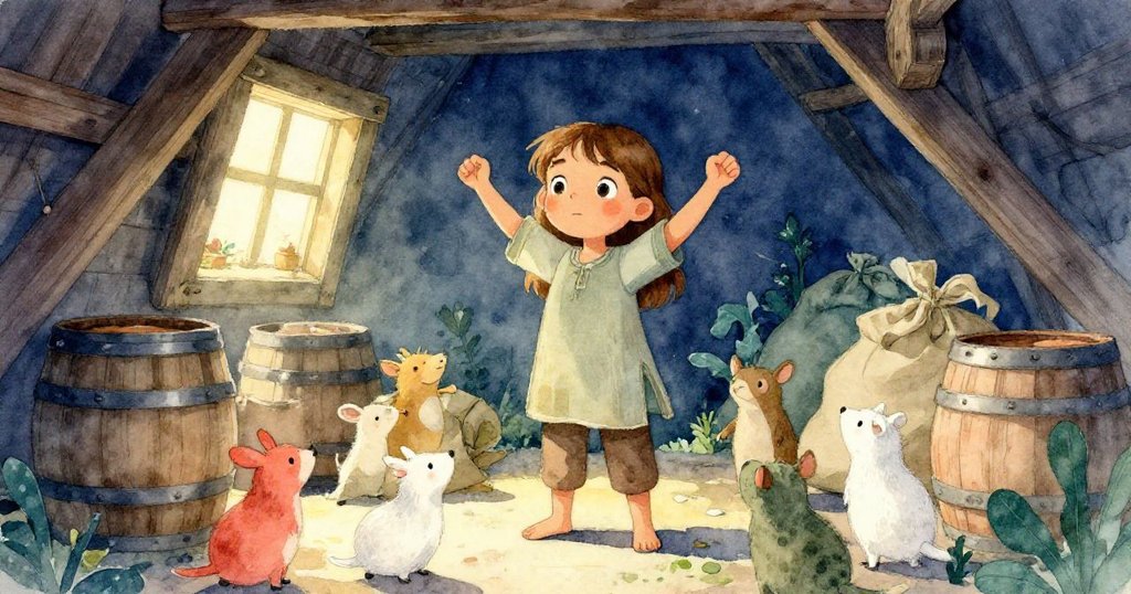 奧莉芙於磨坊內微笑站立,小動物、木桶與麻袋共襄盛舉,環境溫暖柔和,洋溢著成功慶祝的氣氛。