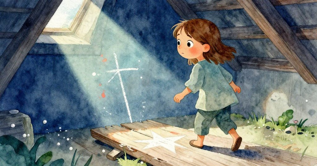 奧莉芙回頭凝視舊木板上淡去的粉筆星,陽光灑在塵埃中顯露柔和光芒,神情中流露出智慧與堅毅的沉思。