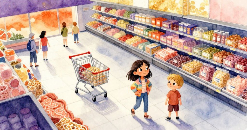 萊娜和提奧在超市中開始冒險，從上方看見有卡住的手推車和整齊貨架，燈光明亮，氣氛活躍