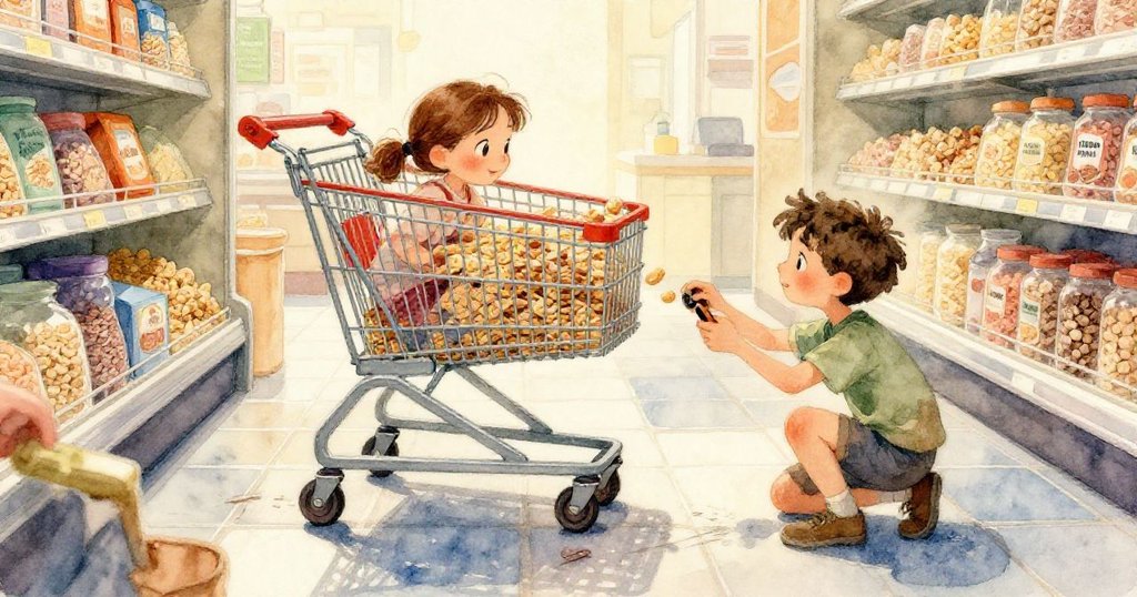 提奧觀察推車輪上環繞的收據紙與擺放在座位上的傳單，細節豐富，色調柔和，展現緊湊情節