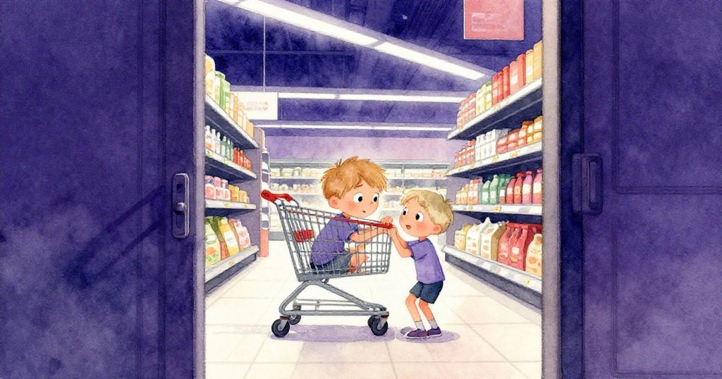 提奧蹲在推車旁，透過門縫專注地轉動軸心，表情認真，背景中超市燈光明亮與貨架相映