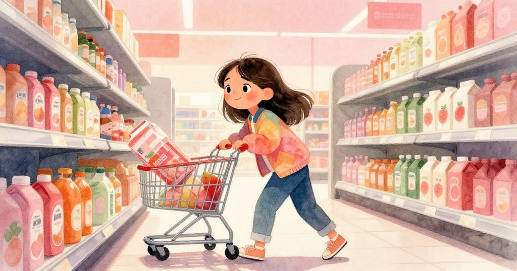 萊娜拉回手推車，肩膀穩住傾斜的果汁箱，架子邊緣微移，緊湊中展現快速應對