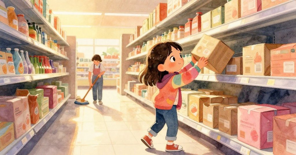 萊娜在溫暖金色光線中穩住傾倒的箱子，背景中員工緩緩擦拭地面，場景恢復安定，寓意結局