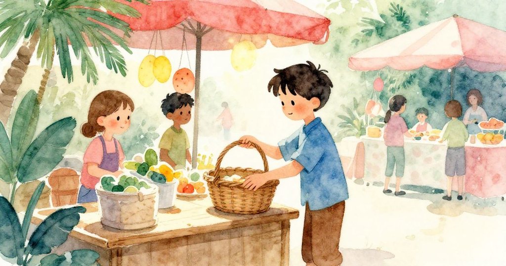 布雷克在陽光與陰影交錯的市集攤位前,小心擺放籃子,臉上展露專注與期待,環境生動明亮。