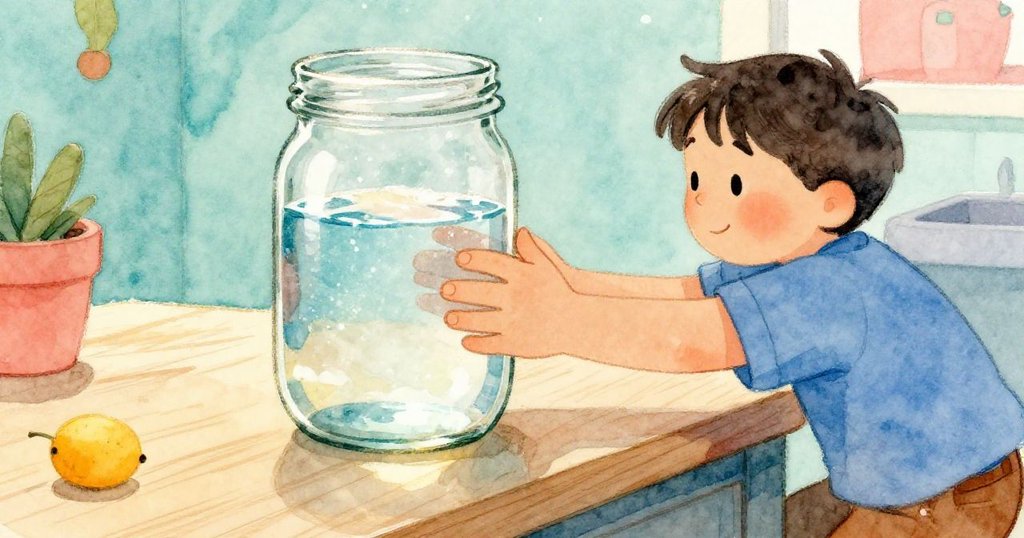 布雷克專注地舉起裝滿水的玻璃罐,水中閃耀的光芒映出細膩光影,場面充滿詩意與神秘。