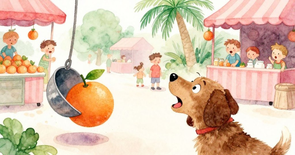 從隱蔽角度觀察,布雷克與棕狗在攤位前驚呼,橙子滾動在明暗交錯中,表情生動且緊張活潑。