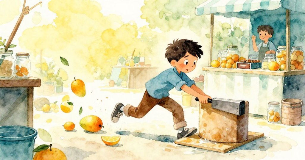 布雷克衝向濕滑木板,急忙推動重木塊阻止滾動的罐子與橙子,場景中充滿緊迫感與戲劇性。