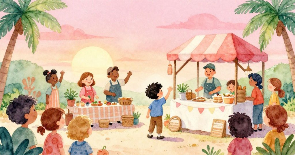 布雷克與攤販、顧客圍聚慶祝,溫暖陽光照耀下大家展現笑容與互動,市集氣氛喜悅祥和。