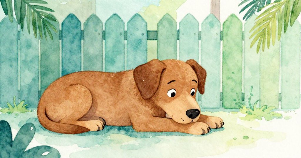 棕色狗安靜地臥於圍欄旁,柔和陽光映照牠寧靜面容,市場旁邊呈現出平和放鬆的結局氛圍。