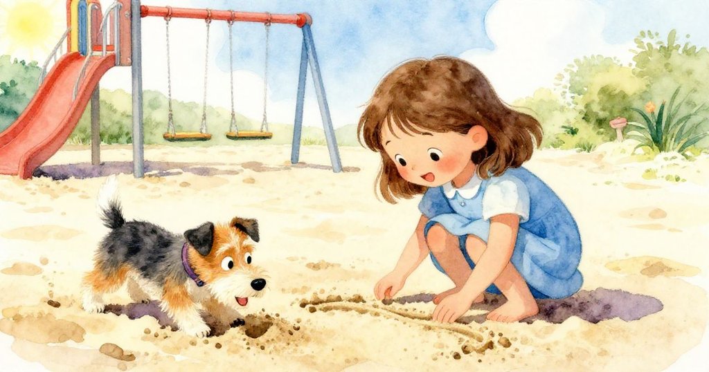 Nora在寬闊的沙坑中用手指劃出細沙溝，旁邊小短毛狗快樂挖沙，背景有搖擺設施與明亮陽光，表情充滿好奇與歡樂。