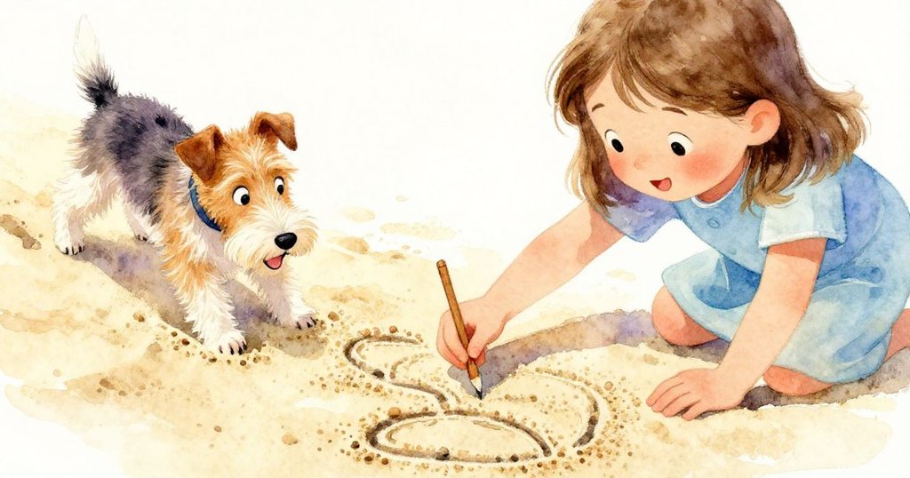 Nora的手指在沙坑中細緻劃出小溝紋，伴隨短毛狗的爪子拂動沙粒，展現出沙子豐富的細膩觸感與動感。