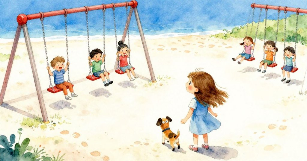 從高空俯瞰的遊樂場中，Nora期待地望向遠處搖擺中的座椅，背景中其他小孩活力四射，場景充滿生動與熱情。