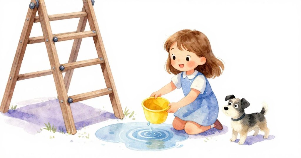 Nora跪在淺水坑邊，用黃色小桶輕舀水，一滴水擊打水面形成細細漣漪，場景充滿溫柔與回憶氛圍。