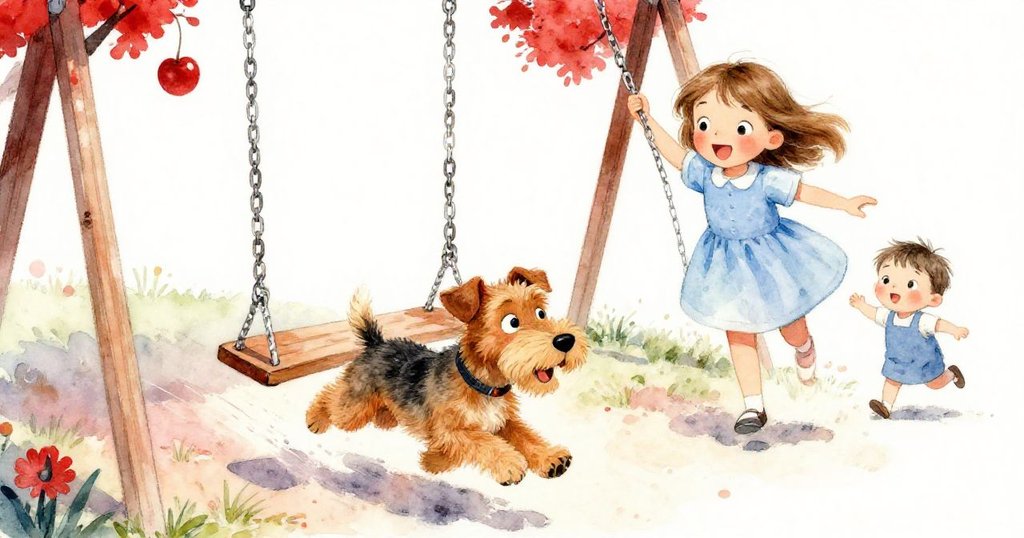 小短毛狗突然叫喊奔向搖擺設施，輕輕推動空椅讓Nora上前，旁邊幼童迅速避讓，場景充滿動感與活力。