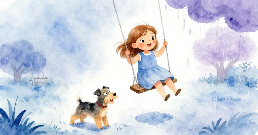 雨霧輕拂中，Nora在搖擺上飛揚，臉上帶著平靜微笑，小短毛狗守候於下，整個遊樂場染上靜謐柔和的感慨。