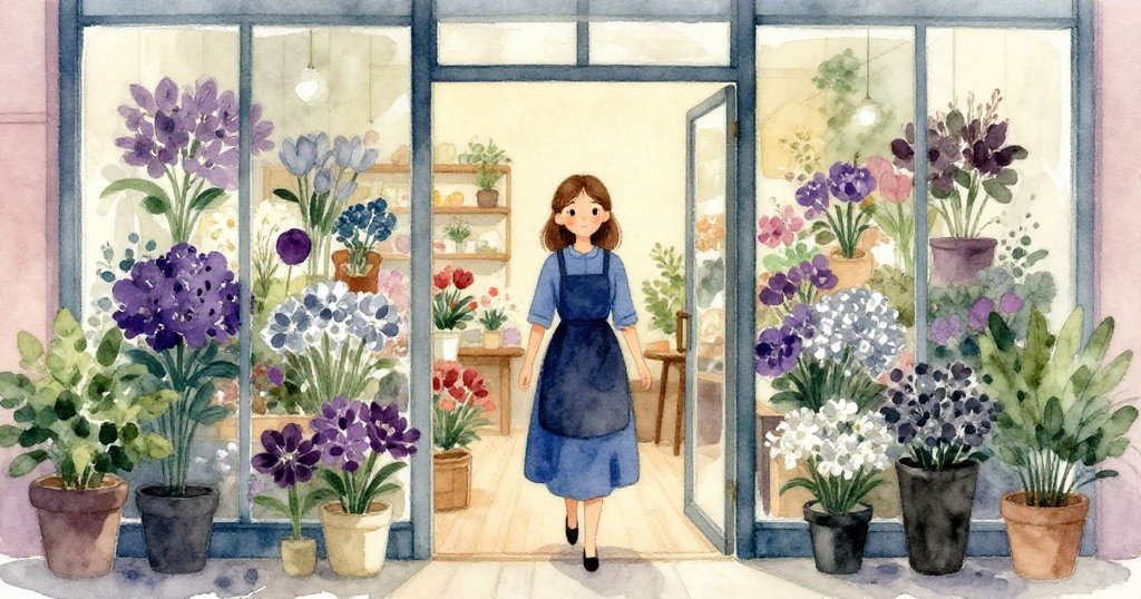 Maeve走進花店大門，藍色洋裝與圍裙展現她興奮心情，門外與店內光影交錯，充滿期待。
