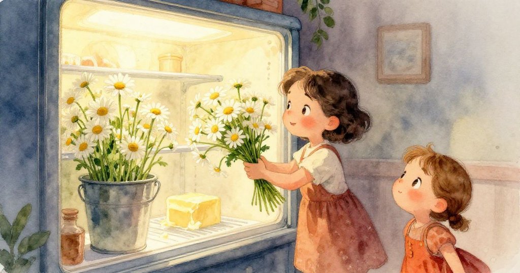 店內近鏡頭呈現冰箱般陳列櫃耀眼奶油光線，旁邊雛菊花桶斜倚，極具現代與自然對比感。