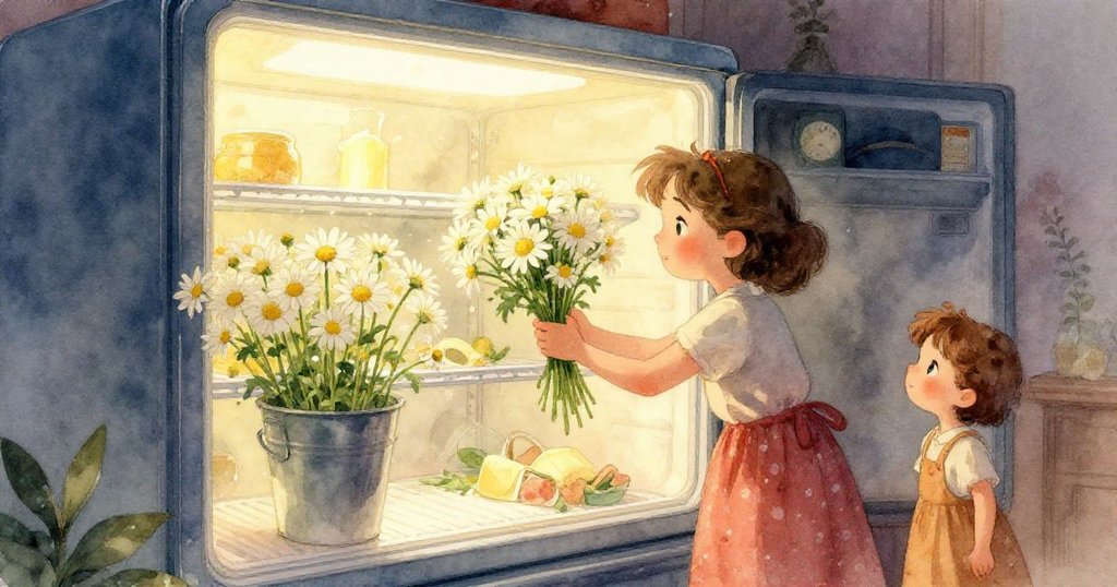 近鏡頭呈現翻倒花瓶洩水，水珠與花瓣在瓷磚上遊走，柔和光影下顯出夢幻水下般效果。