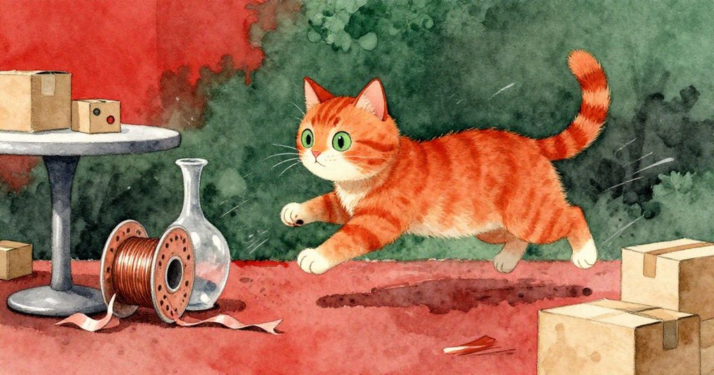 活潑的薑色貓跳躍避開滾動絲帶線圈，絲帶觸發花瓶倒落與箱子散落，充滿緊湊動感與趣味。