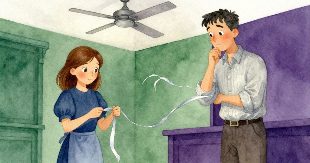 Maeve細心整理濕絲帶並修剪邊角，館長靜靜點頭表示滿意，倒影中絲帶輕舞於風扇下展現結局溫柔感。