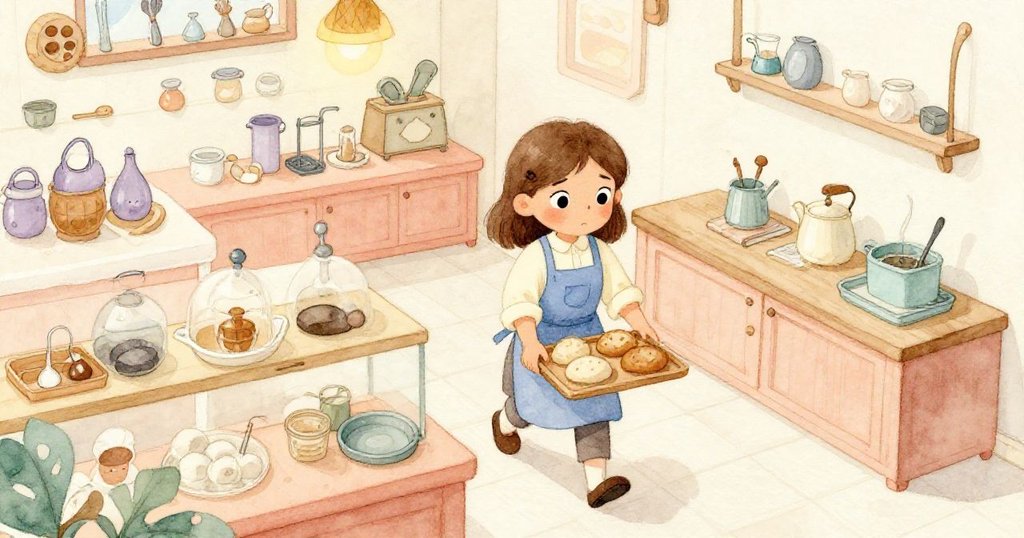 Lyra 在溫暖烘焙店中忙碌，俯視角度展示充滿細節的廚房與烤箱場景，表情專注充滿希望。