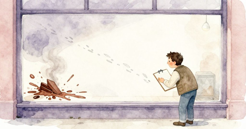 Ned 在窗邊記錄鳥跡，窗上映出他專注的神情，背景中巧克力濺出與煙霧交織展現意外變化。