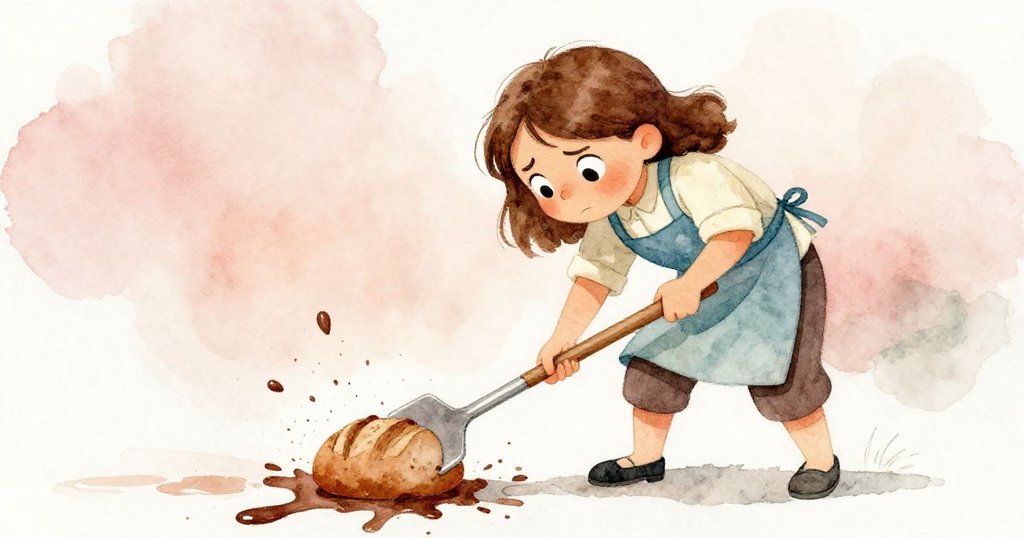 Lyra 在廚房內全神貫注用槳調整麵包，面部流露出堅毅與緊張，巧克力濺出形成動態挑戰。