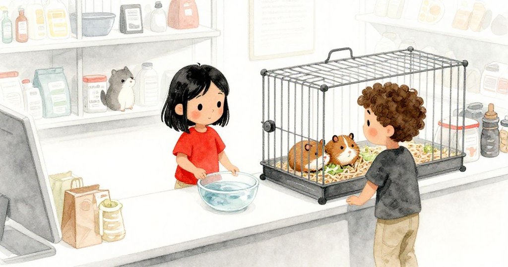 Luna與Jude在充滿寵物用品的展示區互動，Luna指揮動作，水盤滑動中，周邊有安靜的倉鼠和溫暖室內背景。