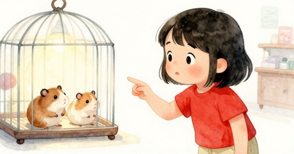 Luna凝視倉鼠，表情專注帶點猶豫，近鏡捕捉她溫柔手勢與背景中模糊的寵物用品。