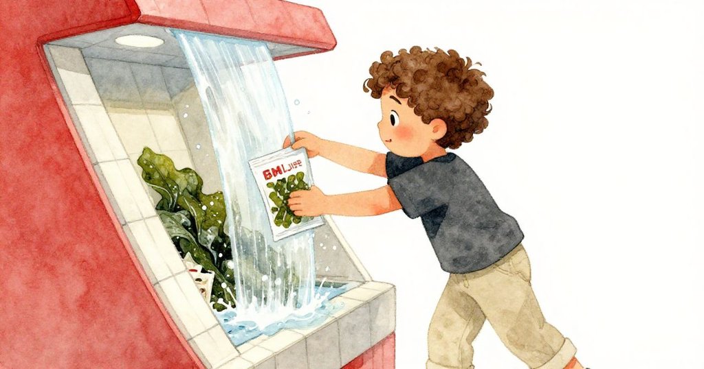 Jude迅速抓起海藻點心封包，試圖擋住從傾斜瓷磚流出的水，臉上流露著關切和決心，室內細節豐富。