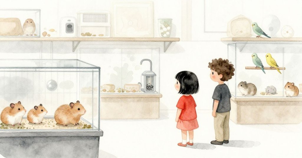 寵物店恢復平靜，Luna與Jude安心觀看倉鼠與鳥兒活動，濾器冒泡，整個空間流露出溫馨和寧靜。