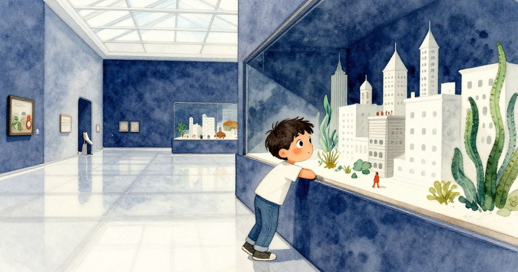 Theo站在博物館中靠著欄杆觀察微縮城市模型，現場光線柔和，氣氛平靜且充滿好奇。