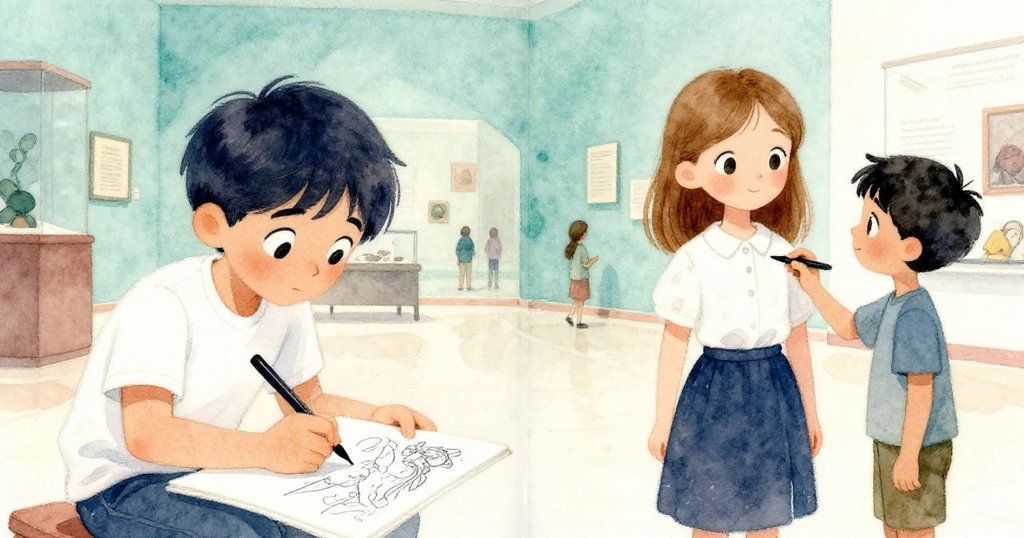 Clara專心在素描本上描繪模型，Theo輕輕拍她的手肘指引方向，博物館中人潮輕鬆穿梭。