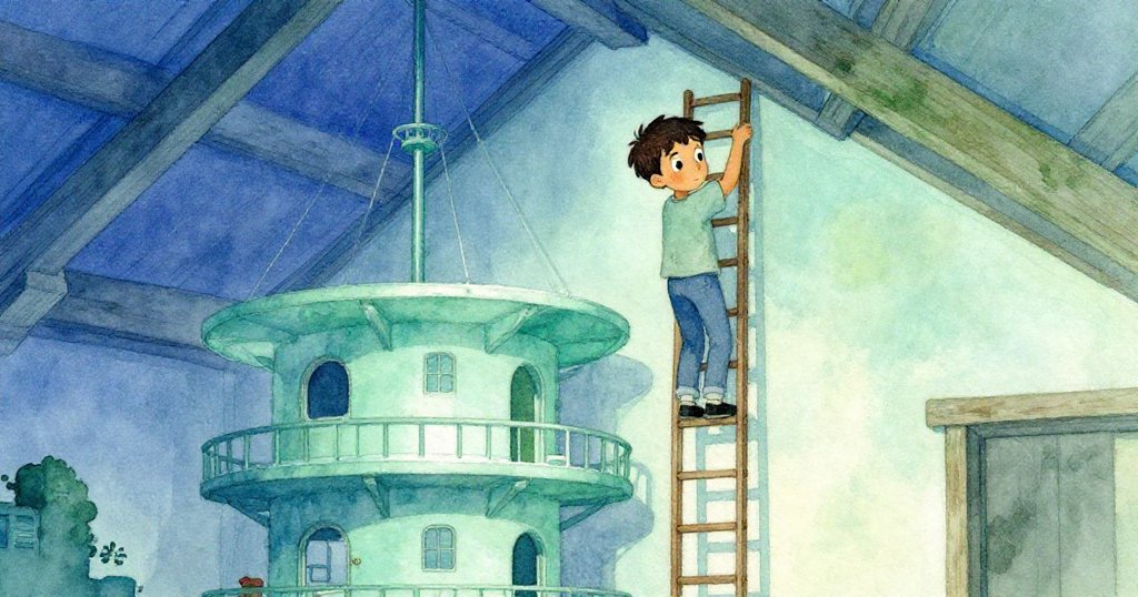 Theo爬上可移動的腳手架，從高位發現模型中隱藏的藍色角落與微弱露出的閣樓橫樑，充滿驚奇。