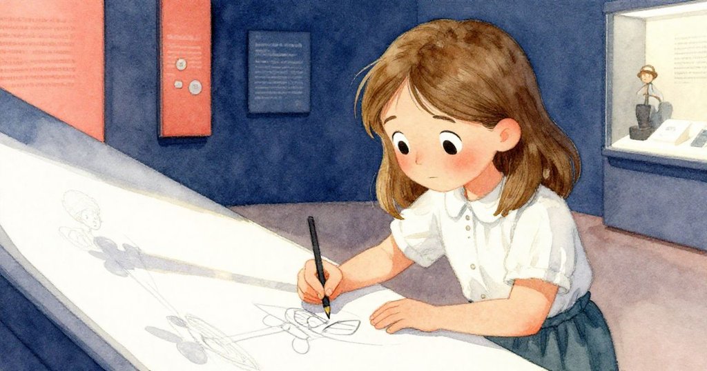 Clara面對轉動模型的瞬間掙扎，專注用鉛筆在紙上捕捉微弱粉筆線，表情堅定且投入。