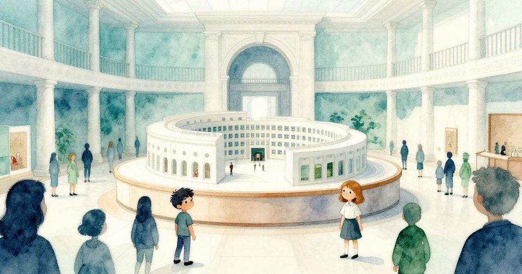 廣闊的博物館全景中，輪轉模型矗立中央，Theo與Clara如微小身影穿梭人群，歷史與現代交織。