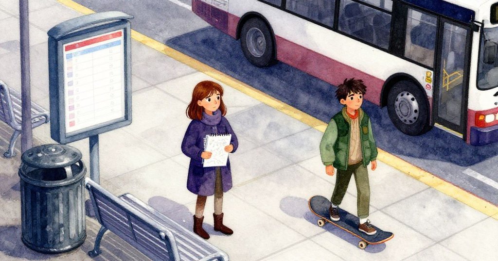 站台上，娜迪亞調整文件夾，達爾平衡滑板，公交車靠近，臉上充滿期待與興奮，背景展示月藍及深紫色調。