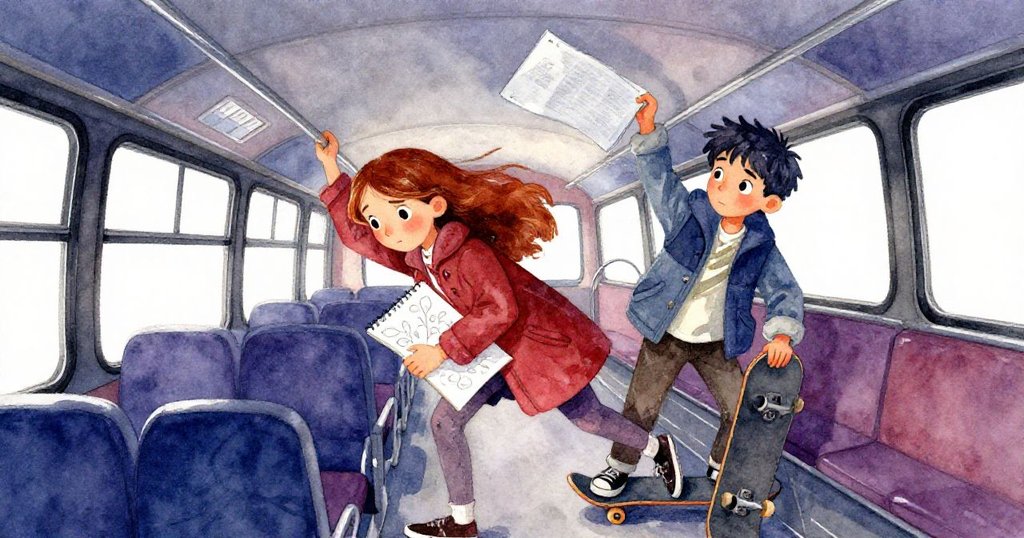 公交車內，娜迪亞急速傾身通過擁擠人群，她的文件夾輕觸天花板，臉上流露出緊張而堅定的神情。