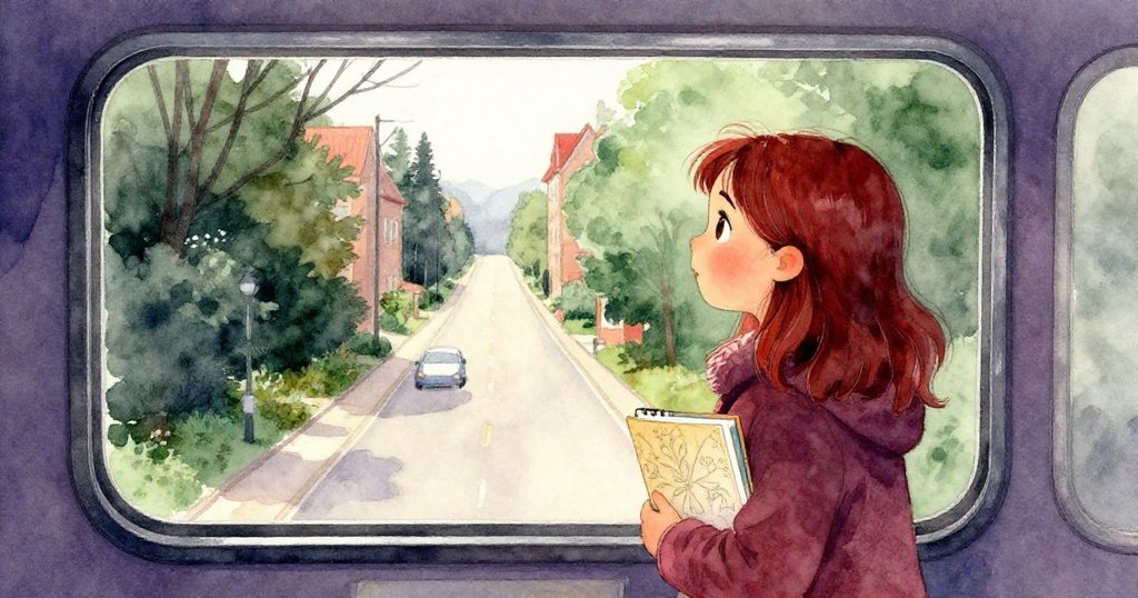 公交窗外景色變換，下坡大道通向靜謐谷地，娜迪亞望向遠方，神情充滿驚奇與輕盈。