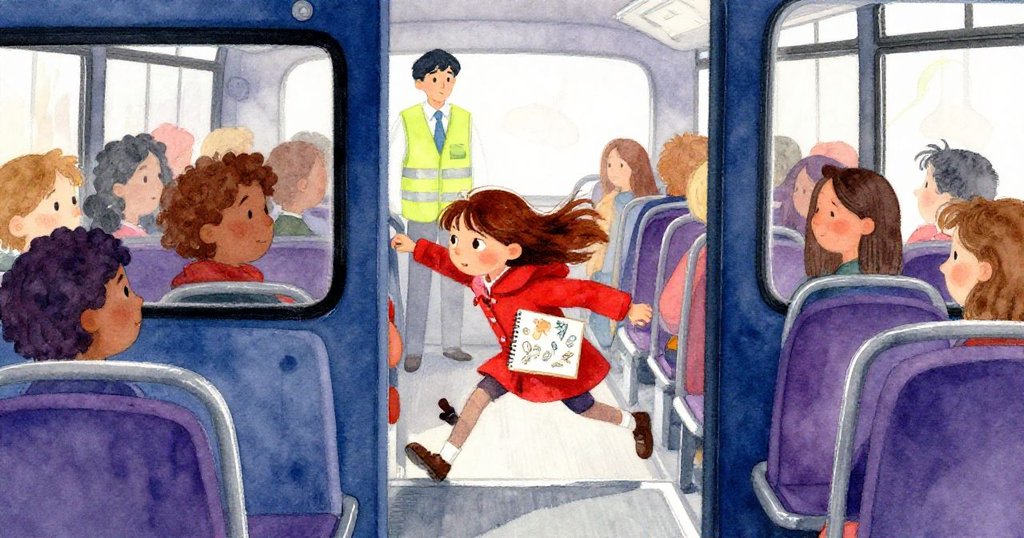 公交車內，娜迪亞靈巧轉身滑入空隙，臉上顯示出堅定與釋放的情感，乘客模糊流動背景中。