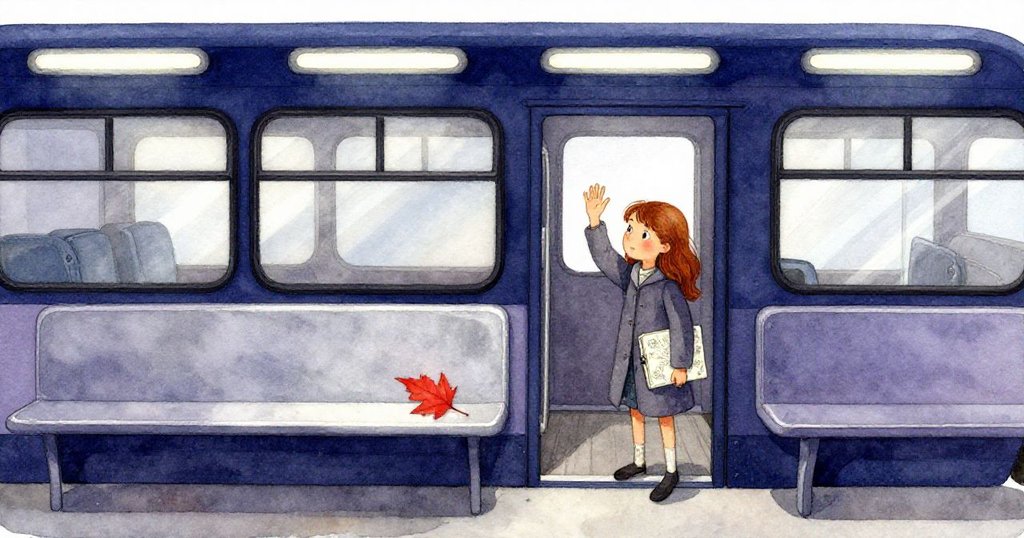 終點站場景中，娜迪亞從空公交車下車揮手告別，地板上靜臥著一片鮮紅落葉，氣氛溫柔平靜。