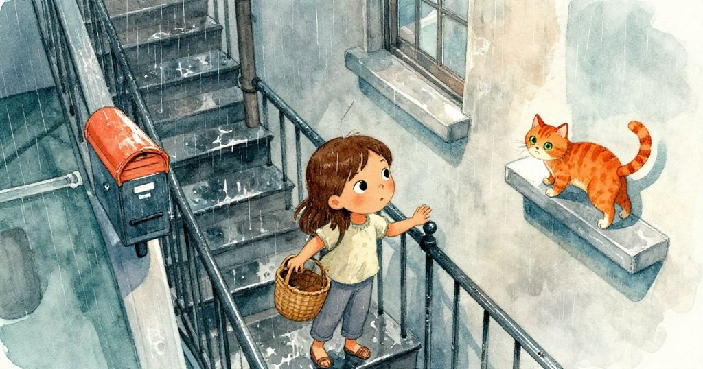 六月在雨後的樓梯扶手上輕觸水環，從高空俯瞰濕潤混凝土及貓咪在信箱邊悄行，充滿探索情緒。