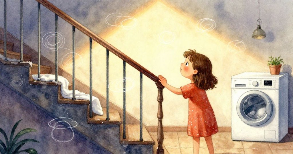 六月伸手觸碰寒涼金屬扶手，水珠閃爍，籃子布料略顯潮濕，展現出細緻好奇的觸感和情緒。