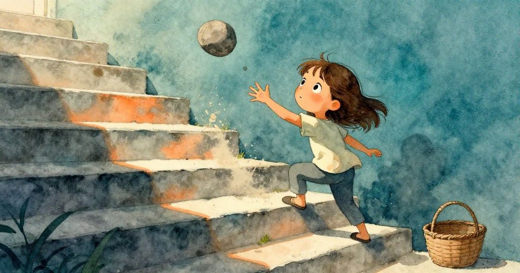 六月在斑駁階梯上急速扭身伸手攔截滾落的灰石，滑動中的籃子與飛揚塵土彰顯出緊張而動感的氛圍。