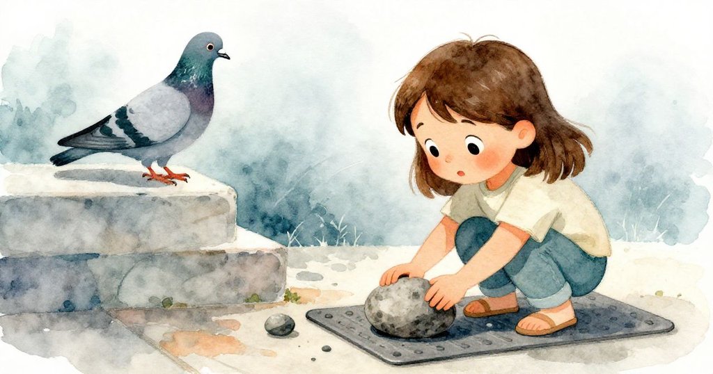 六月溫柔地將灰石放在橡膠墊上，小碎石沿階梯緩緩滾動，鴿子靜坐高處見證落幕，場景充滿柔和寧靜感。