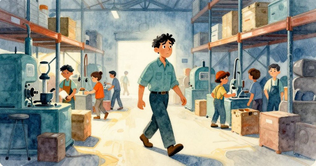 Glen 穿著簡便工裝，在熱鬧包裝車間中邁步前進，背景有同事忙碌，表情自信且期待。