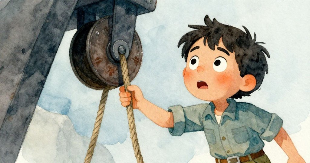 從低角度仰望，Glen 正抬起包裹利用隱藏繩索，臉上顯露驚奇與堅定，工廠細節與光影交織。