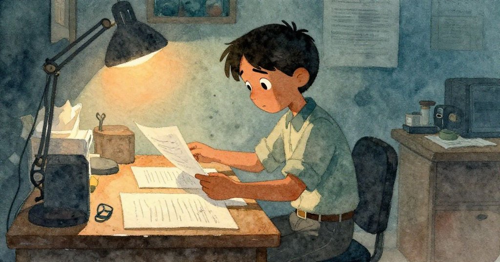 Glen 在堆滿紙塵的書桌前整理文件，室內微光灑落，神情專注，空間別具溫暖與寧靜氣息。